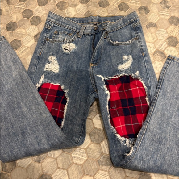 Carmar Blue Boyfriend Jeans with Red Plaid Patches - Picture 2 of 4